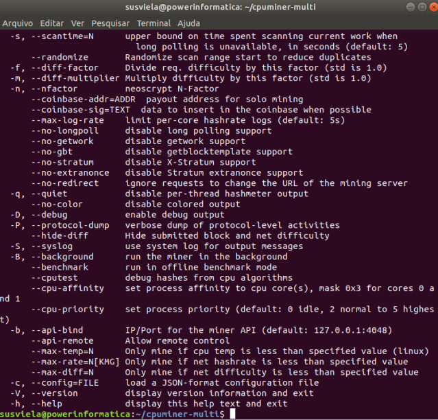 Help do programa cpuminer no Ubuntu 17.10
